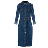 Lizakosht  Jeans Dress Denim Dresses Winter Office Slim Jeans Long Sleeve Mid-Cuff Denim with Belt for Women Jeans Dress Long Dress